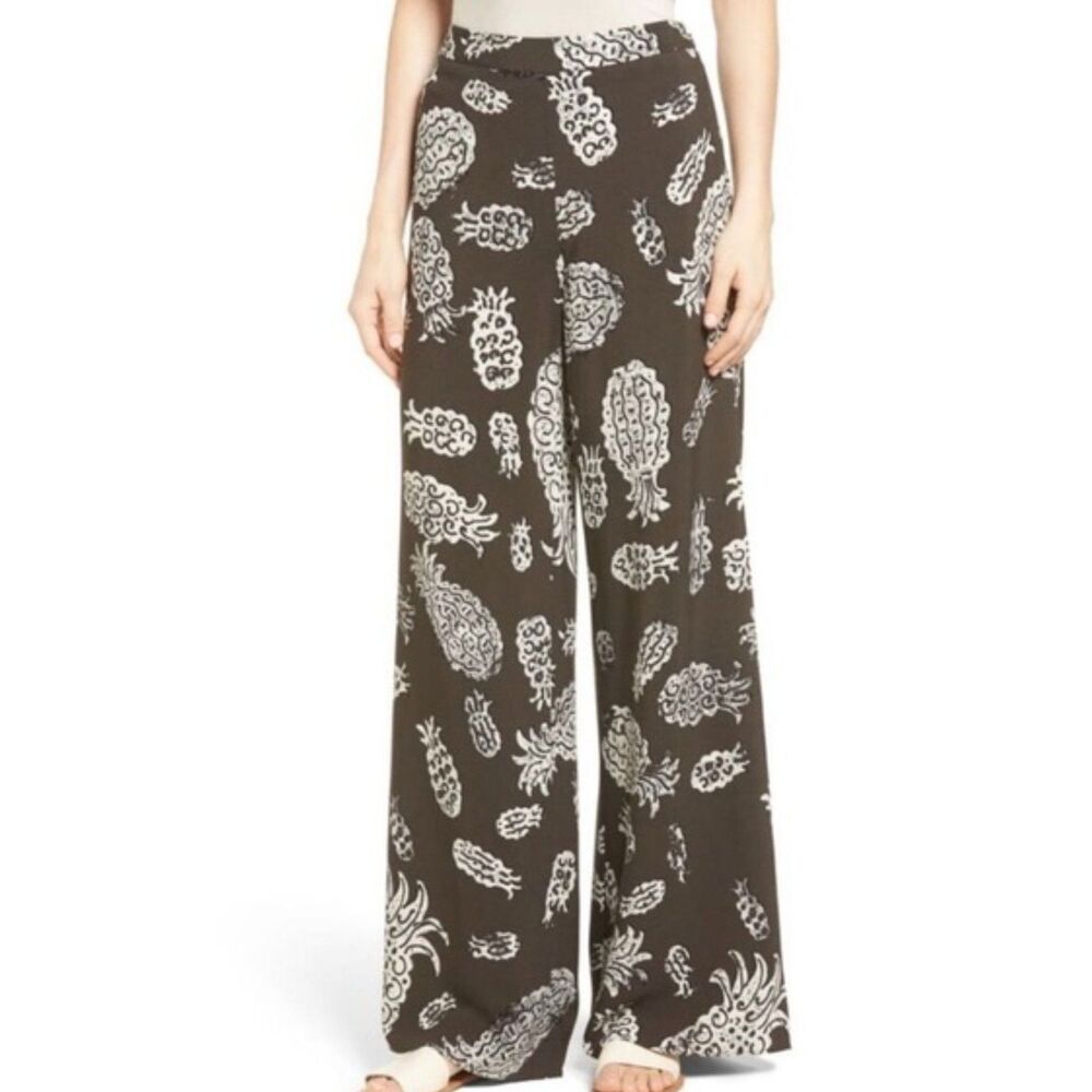 Nic+Zoe Wide Leg Pants Pineapple Print Flowy High Rise Side Zip